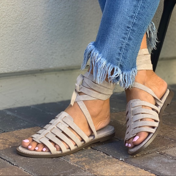 Taupe Ankle Wrap Gladiator Style Woven Sandals - Picture 2 of 7